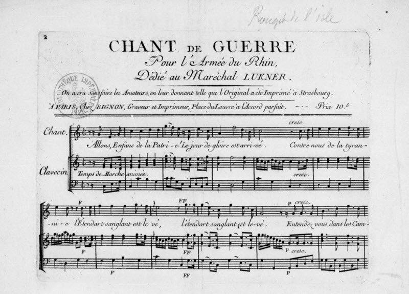 Fragmento de la partitura de La Marsellesa de Claude Joseph Rouget de Lisle